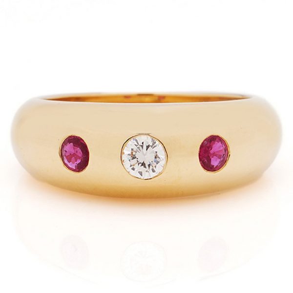 Vintage Cartier Ruby and Diamond Trilogy 18ct Yellow Gold Gypsy Band Ring