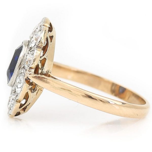 Antique Edwardian 1ct Sapphire and Diamond Cluster Ring in Platinum and 18ct Yellow Gold