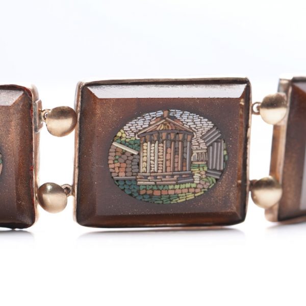 Antique 19th Century Italian Gold and Micromosiac Plaque Link Bracelet historical Roman sites