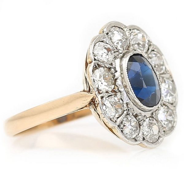 Edwardian Antique 1ct Sapphire and Diamond Cluster Ring in Platinum and 18ct Yellow Gold