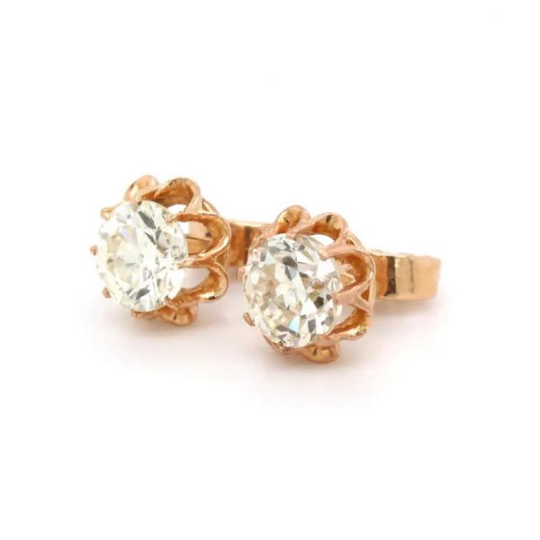 Antique Style Vintage 1940s Old Cut Diamond Yellow Gold Floral Stud Earrings, 2.18 carats