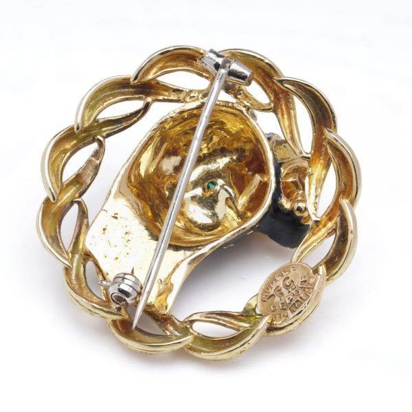 Vintage Italian 18ct Yellow Gold Circular Openwork Wreath Brooch with Enamel Panther