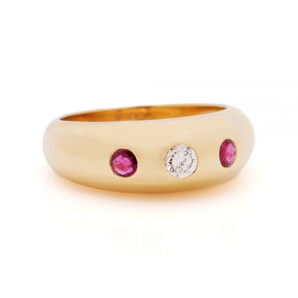 Vintage Cartier Ruby and Diamond Three Stone 18ct Yellow Gold Gypsy Band Ring