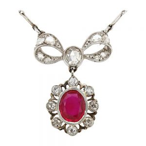 Antique Belle Epoque Natural Burma Ruby and Diamond Bow Pendant Necklace