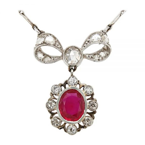 Antique Belle Epoque Natural Burma Ruby and Diamond Bow Pendant Necklace