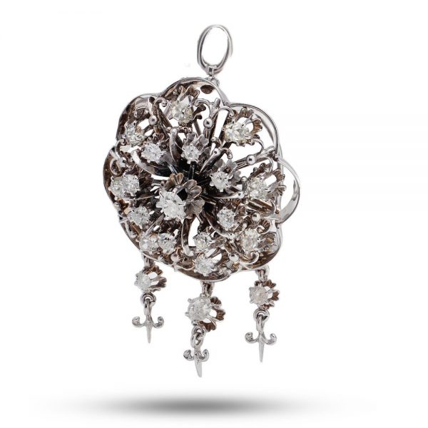 Old Cut Diamond Flower Cluster Pendant Brooch, 3.10 carat total