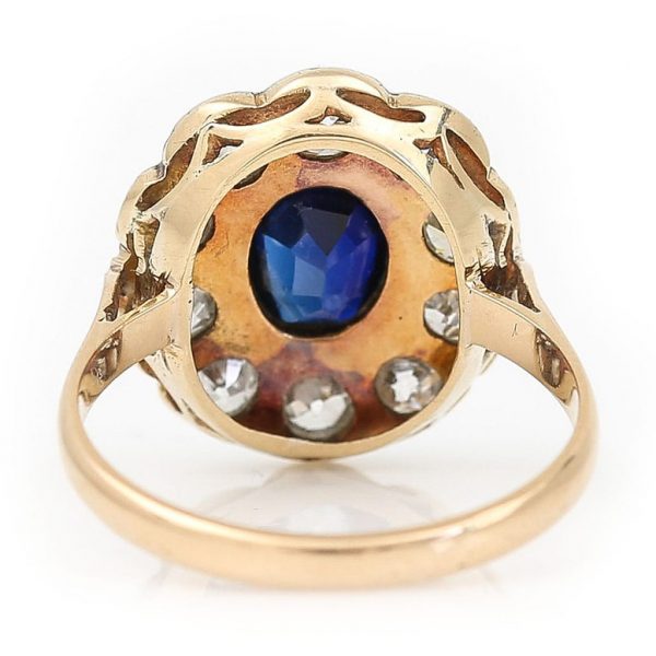 Edwardian Antique 1ct Sapphire and 1ct Transitional Cut Diamond Cluster Ring in Platinum and 18ct Yellow Gold