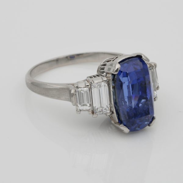 Art Deco 7.14ct No Heat Sapphire and Baguette Diamond Ring