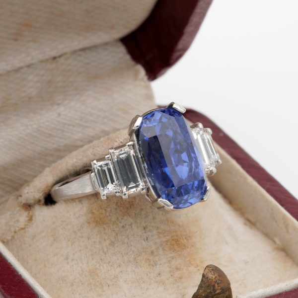Art Deco 7.14ct No Heat Sapphire and Baguette Diamond Ring
