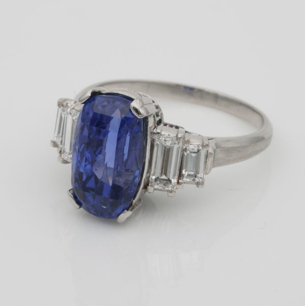 Art Deco 7.14ct No Heat Sapphire and Baguette Diamond Ring