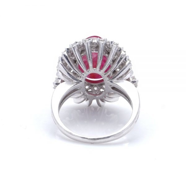 Vintage 6ct Cabochon Natural Ruby and Double Diamond Halo Cluster Ring in platinum and 14ct white gold