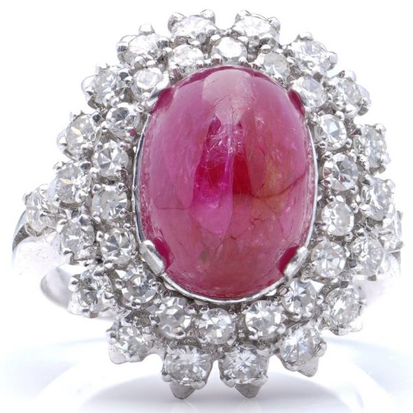 Vintage 6ct Cabochon Natural Ruby and Double Diamond Halo Cluster Ring