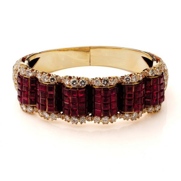Vintage 18cts Princess Cut Ruby Bangle Bracelet with 12.84cts Diamonds