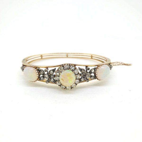 Antique Late Victorian Opal and Diamond Bangle Bracelet