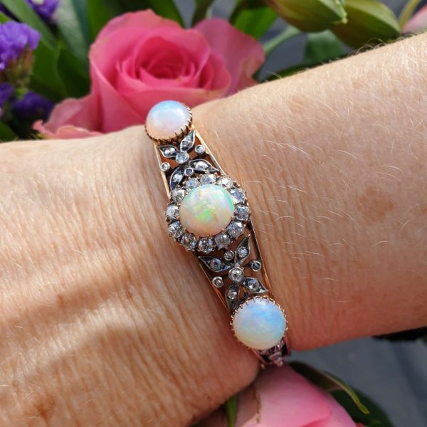 Victorian Antique Opal and Diamond Flower Cluster Bangle Bracelet