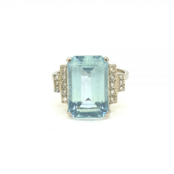 6.20ct Rectangular Step Cut Aquamarine and Diamond Dress Ring