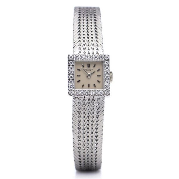 Vintage Patek Philippe 18ct White Gold Manual Watch with Square Diamond Bezel