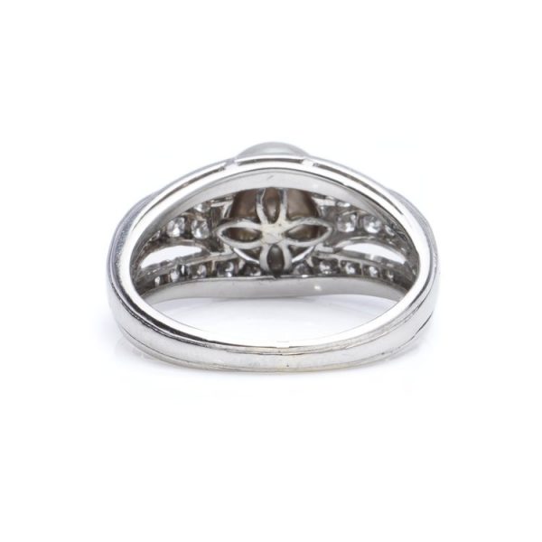 Certified Natural Saltwater Pearl and Diamond Dress Ring in Platinum