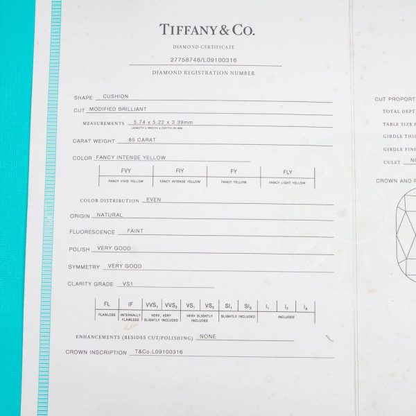 Tiffany & Co 0.85ct Fancy Intense Yellow Diamond Ring with Certificate