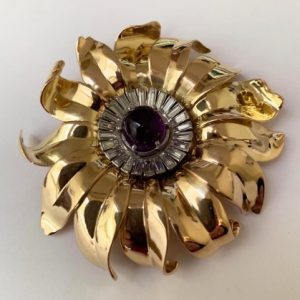 Amethyst Diamond and Gold Flower Brooch