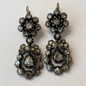 Antique Rose Cut Diamond Cluster Drop Earrings