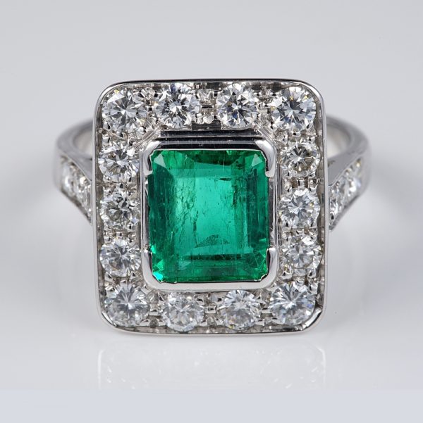 Art Deco 2.1ct Colombian Emerald and Diamond Tablet Cluster Ring