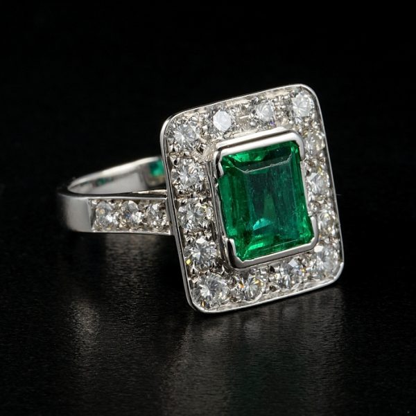 Antique Art Deco 2.10ct Natural Colombian Emerald and Diamond Tablet Cluster Ring in 18ct White Gold
