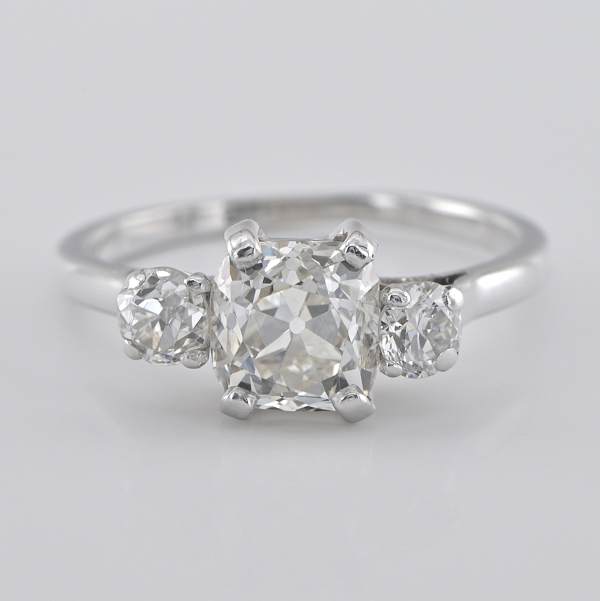 Art Deco Cushion Cut Diamond Trilogy Ring, 2.15 carat total