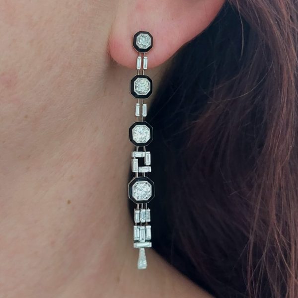 Art Deco Antique 4cts Old Mine Cut Diamond and Onyx Earrings