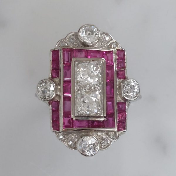 Art Deco Antique Old Cut Diamond and Ruby Tablet Ring, 1.75ct