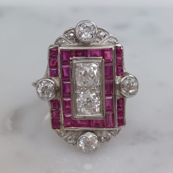 Art Deco Antique Old Cut Diamond and Ruby Tablet Ring, 1.75ct