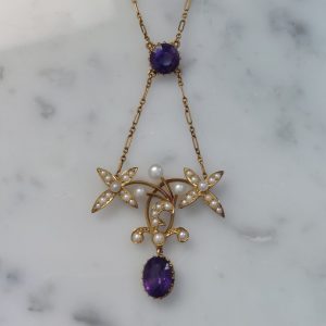 Art Nouveau Antique Amethyst and Pearl Pendant Necklace