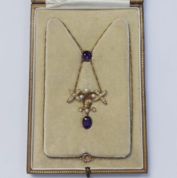 Art Nouveau Antique Amethyst and Pearl Pendant Necklace