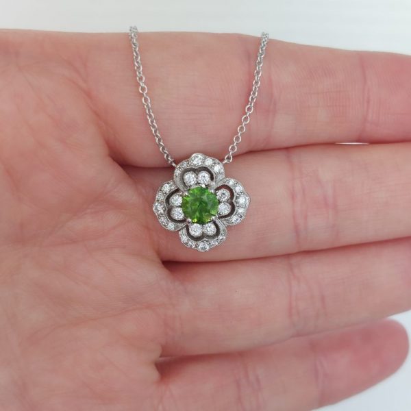 Demantoid Garnet and Diamond Floral Pendant Necklace