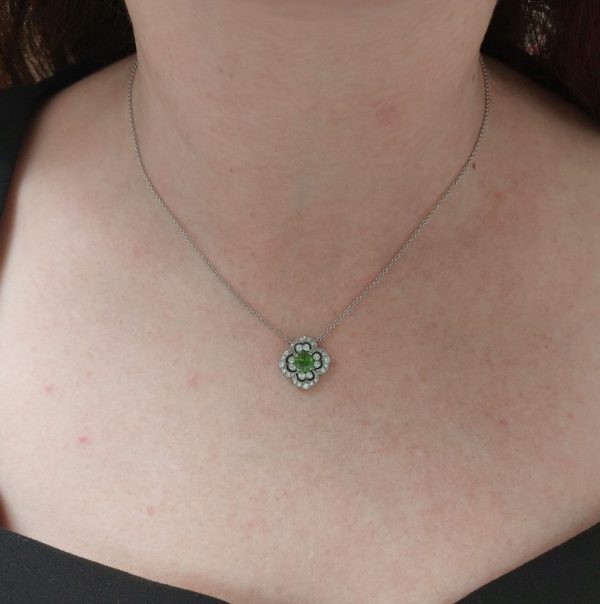 Demantoid Garnet and Diamond Floral Pendant Necklace