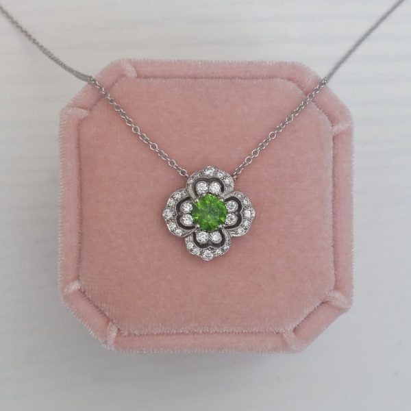 Demantoid Garnet and Diamond Floral Pendant Necklace