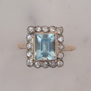 Edwardian Antique Aquamarine and Diamond Cluster Ring, 1.77ct