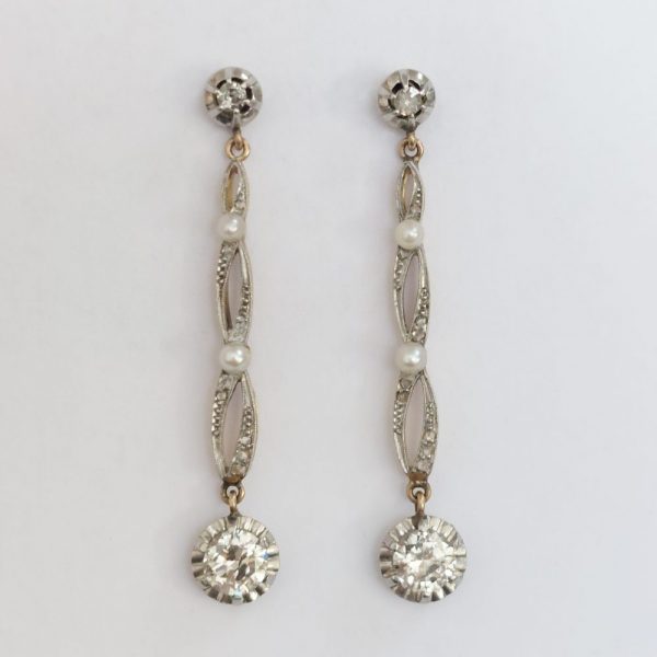 Edwardian Antique Old Cut Diamond and Pearl Drop Earrings