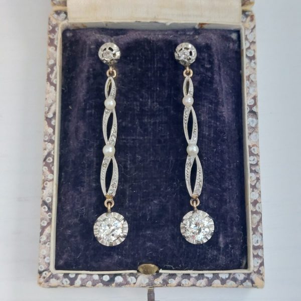 Edwardian Antique Old Cut Diamond and Pearl Drop Earrings