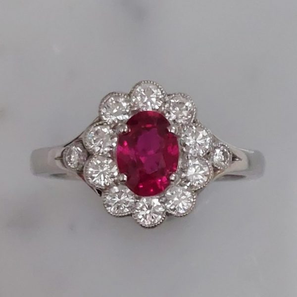 Edwardian Style Oval 1ct Ruby and Diamond Cluster Ring