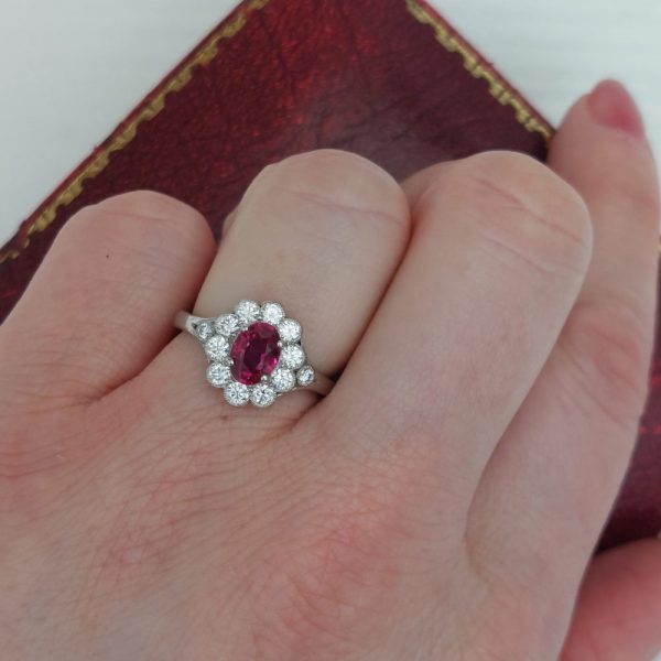 Edwardian Style Oval 1ct Ruby and Diamond Cluster Ring