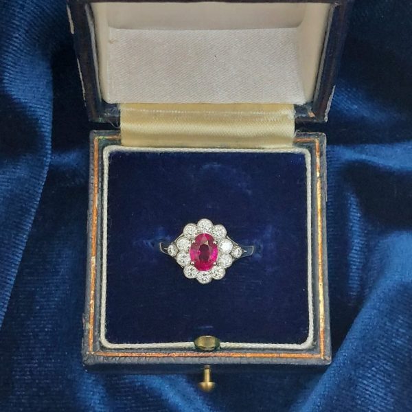 Edwardian Style Oval 1ct Ruby and Diamond Cluster Ring