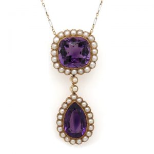 Antique Edwardian Amethyst and Pearl Cluster Drop Pendant Necklace