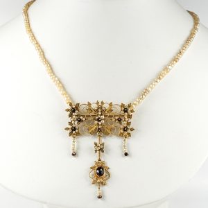 Antique Georgian Gold Cannetille Garnet and Natural Pearl Brooch Necklace