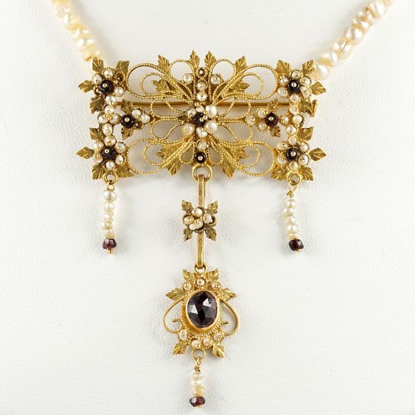 Georgian Antique 18ct Yellow Gold Cannetille Brooch Pendant Necklace with Natural Pearls and Garnets