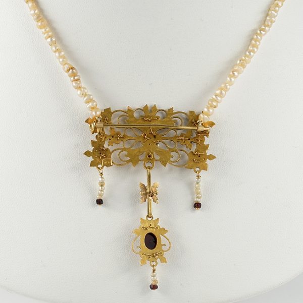 Georgian Antique 18ct Yellow Gold Cannetille Brooch Pendant Necklace with Natural Pearls and Garnets