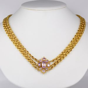 Georgian Antique Pink Topaz and Gold Cannetille Necklace