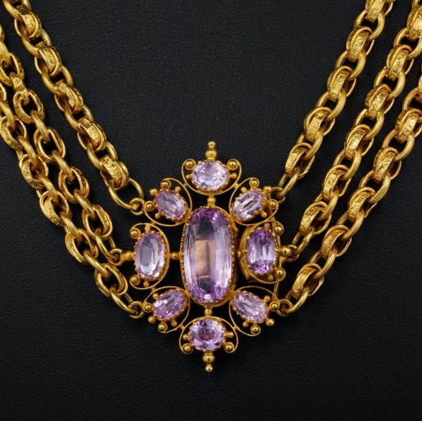 Antique Georgian 18ct Yellow Gold Multi Chain Cannetille Necklace with 10.62ct Pink Topaz Cluster Clasp
