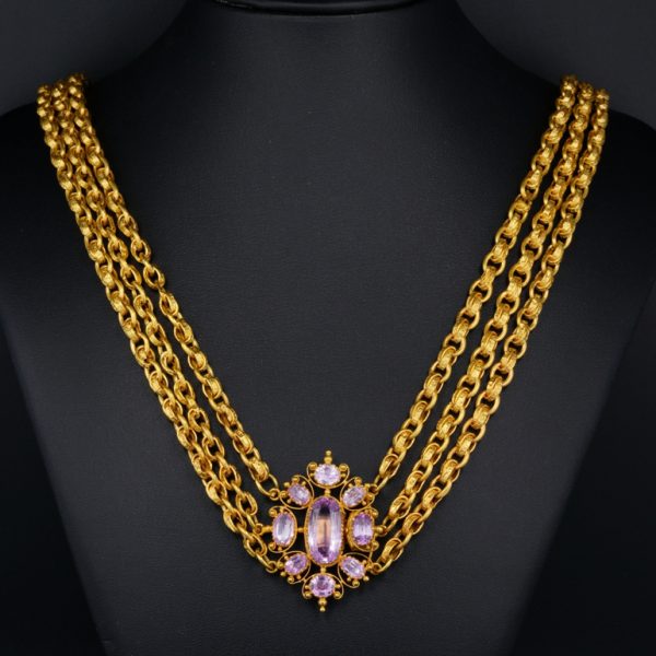 Antique Georgian 18ct Yellow Gold Multi Chain Cannetille Necklace with Pink Topaz Cluster Clasp, 10.62 carats