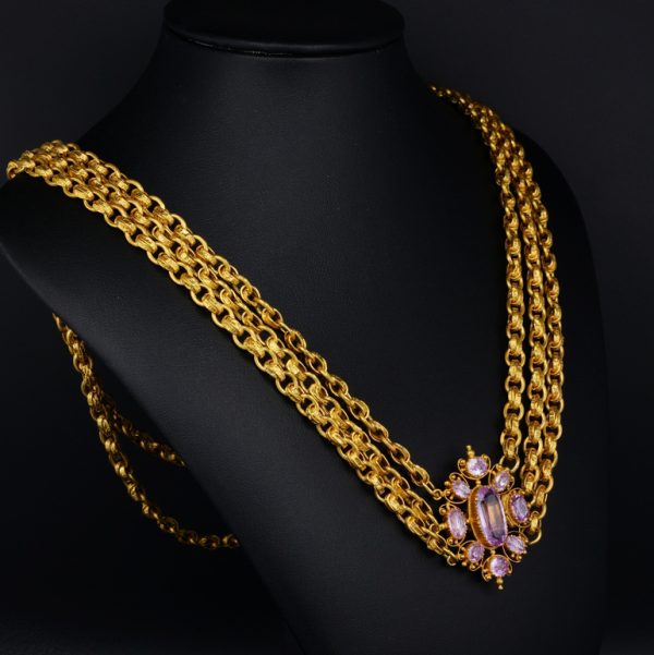 Antique Georgian 18ct Yellow Gold Multi Chain Cannetille Necklace with Pink Topaz Cluster Clasp, 10.62 carat total